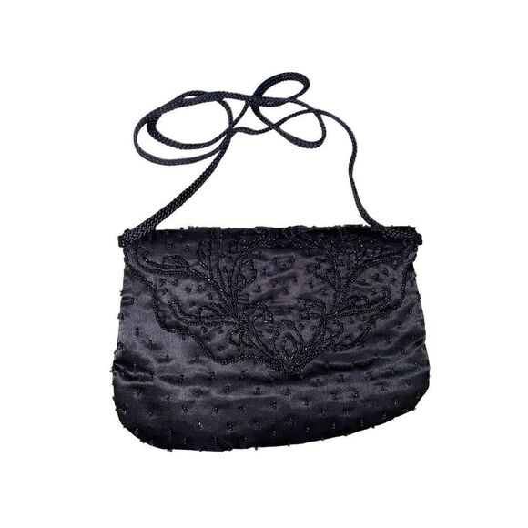 La Regale Vintage Black Satin Beaded Handbag Purse - Picture 8 of 10